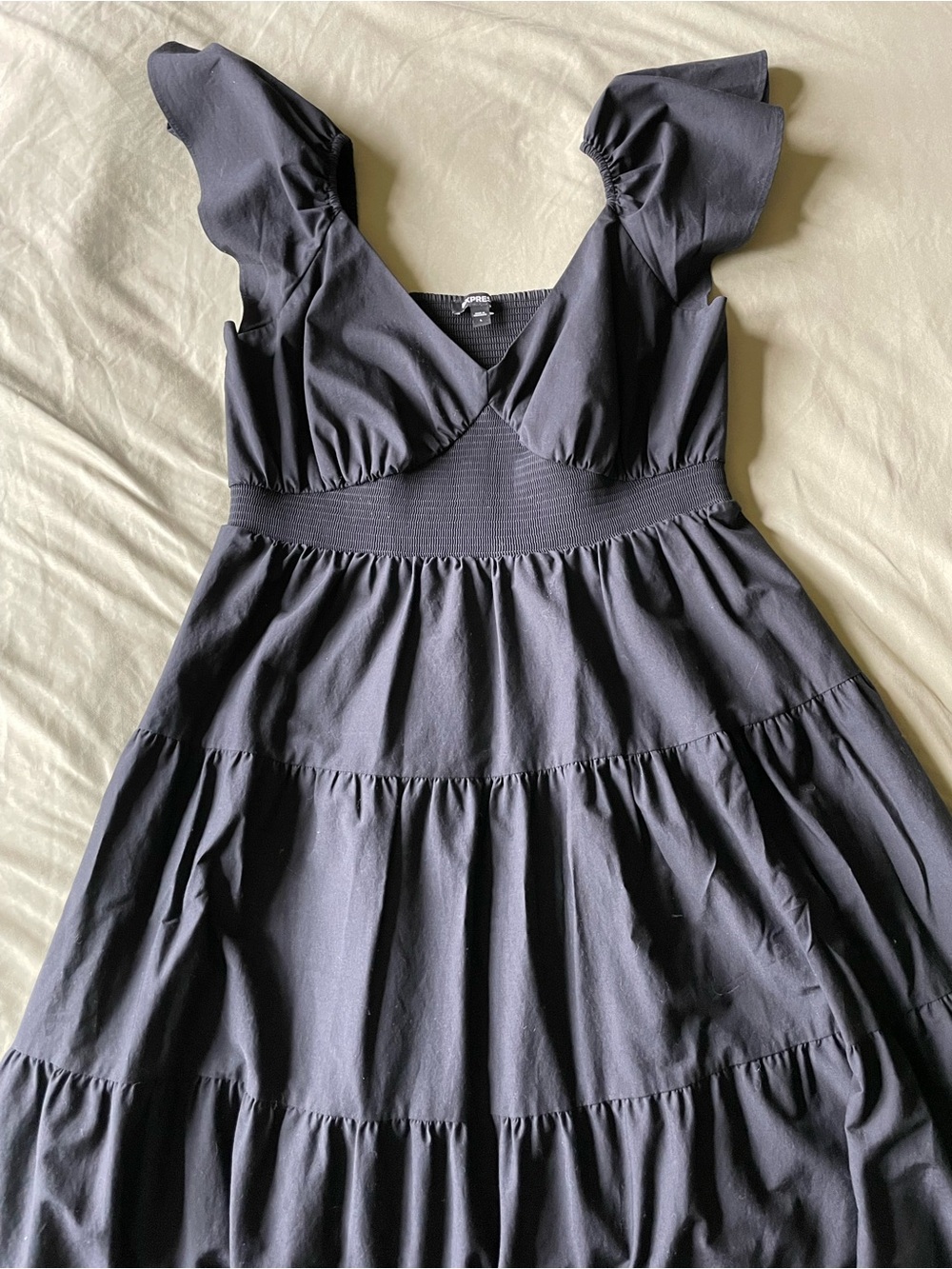Express Black Tiered V-Neck Midi Dress with Flutter Sleeves